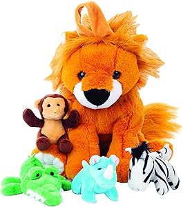 Plush Large Lion Carrier with 4 Mini Plush Animal Sound Toys | Plush Animal Toy Baby Gift | Toddler Gift (Lion Carrier with Animals)