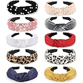 Funtopia Fashion Headbands for Women Girls, 10 Pcs Knotted Pearl Wide Top Knot Turban Hair Bands/ Hoops Vintage Velvet Leopard Print