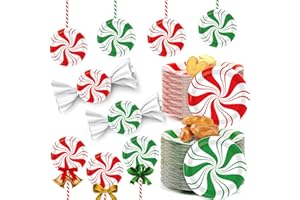 WIOOFFEN 80Pcs Christmas Peppermint Paper Plates Christmas Disposable Dessert Plates 7inch Candy Mint Happy New Year Holiday Xmas Party Supplies Red and Green Striped Disposable Paper Dinnerware Decorations