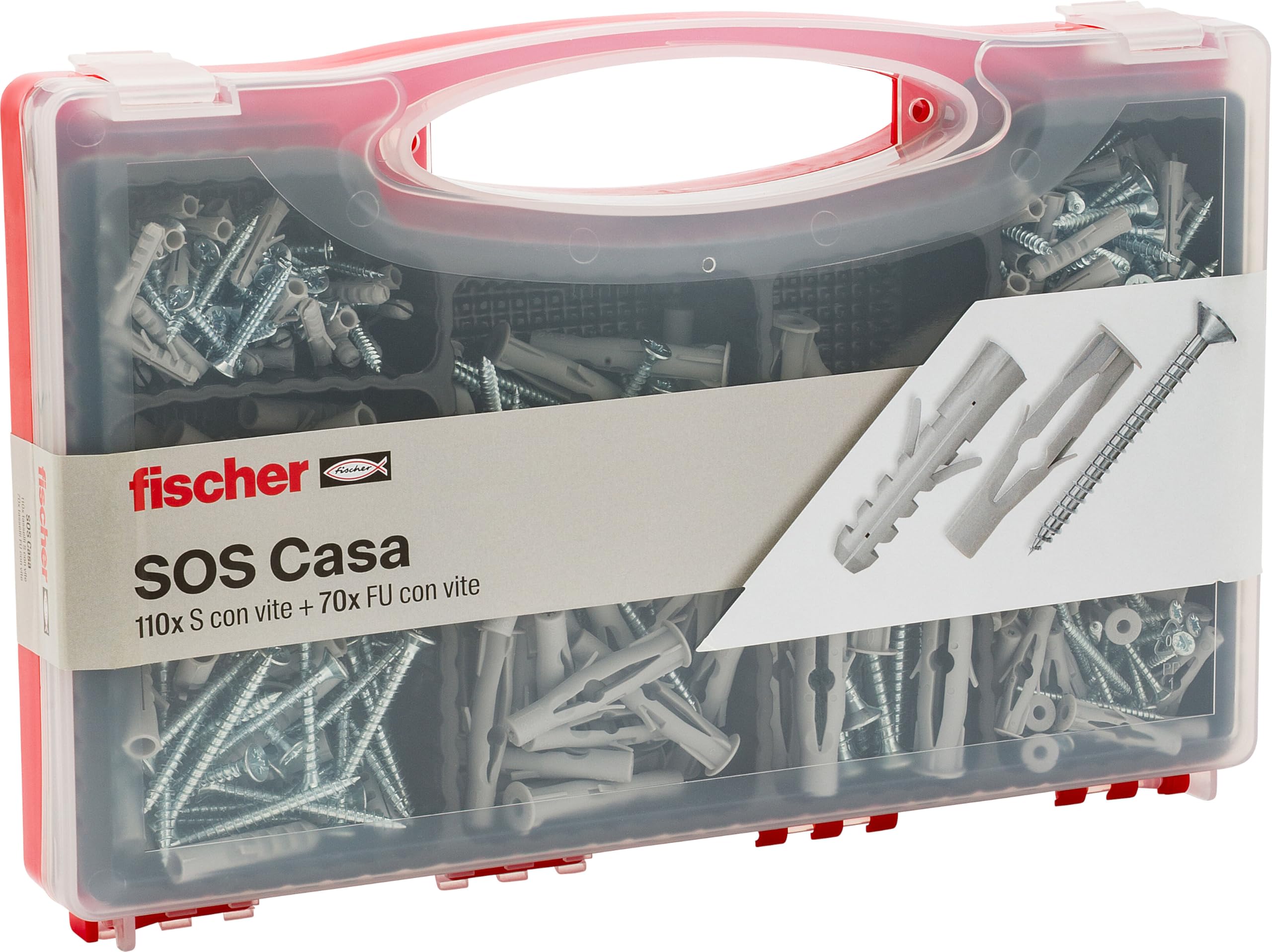 Fischer 71080 SOS Casa Case Kit 180 S and FU Dowels with Assorted Screws for Fixing on Solid, Perforated and Drywall Wall, Set 360 Pieces