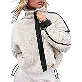 Csvinkiko Womens Fleece Zip Up Jacket Sherpa Fuzzy Teddy Jackets Color Block Casual Oversized Coats Winter Outerwear