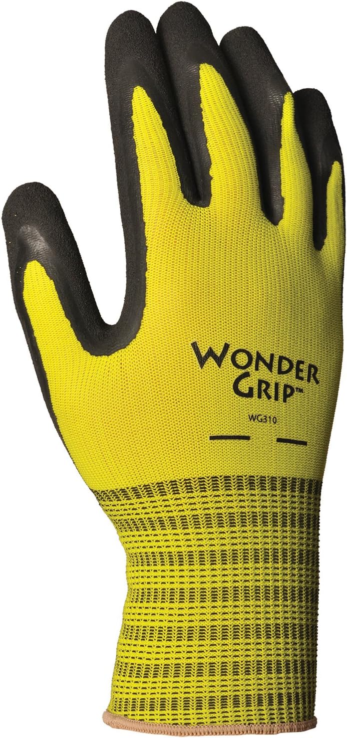LFS Inc Wonder Grip WG310XS Extra Grip Seamless Knit Work Gloves, Double-Coated Black Latex Palm, Excellent Wet or Dry Grip, X-Small, Yellow