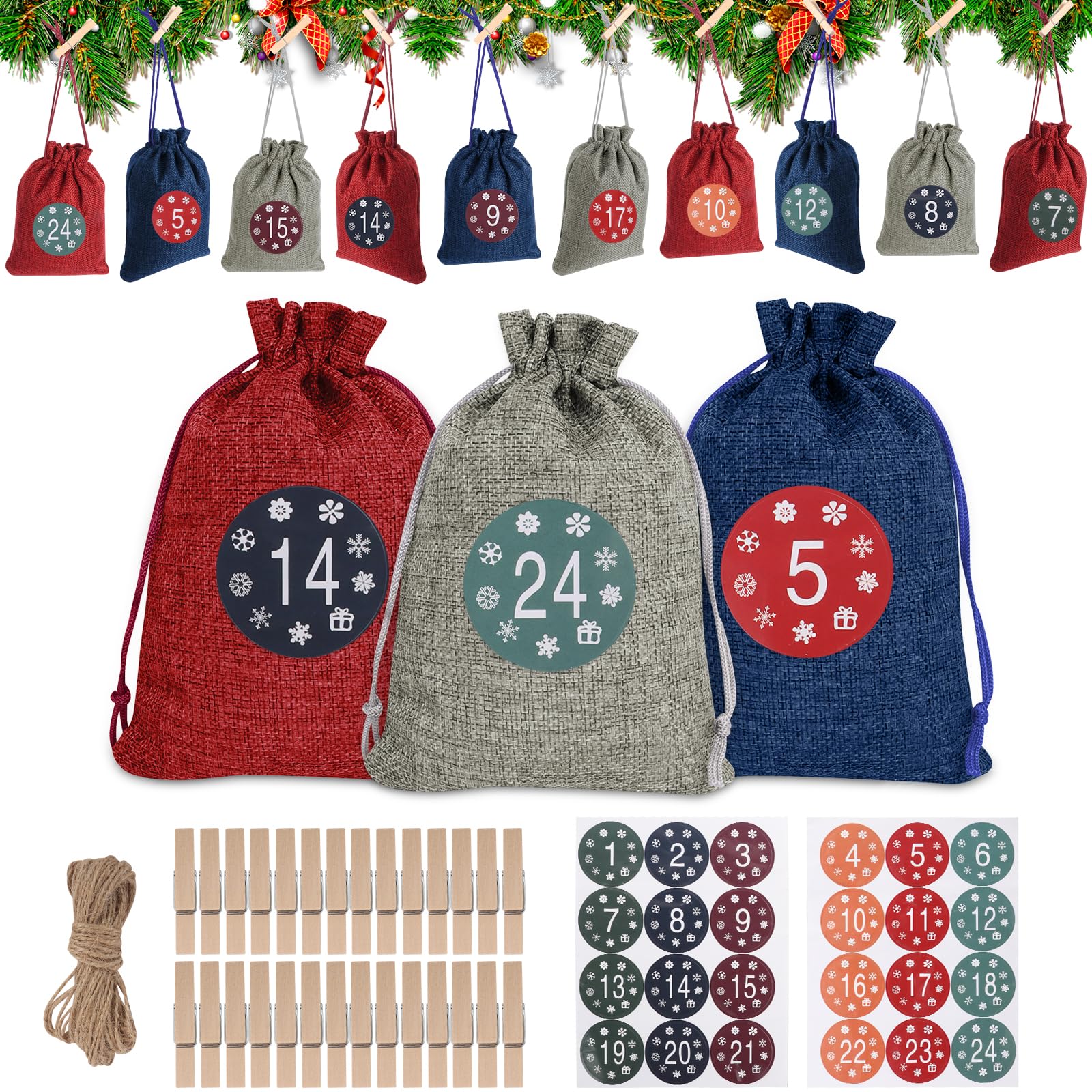Kaket 24 PCS Christmas Advent Calendar Bags to Fill, 24 Days Calendar Burlap Bags, DIY Countdown Burlap Hanging Drawstring Gift Bag with Advent Numbers Stickers, Clips, Rope (Style 1)