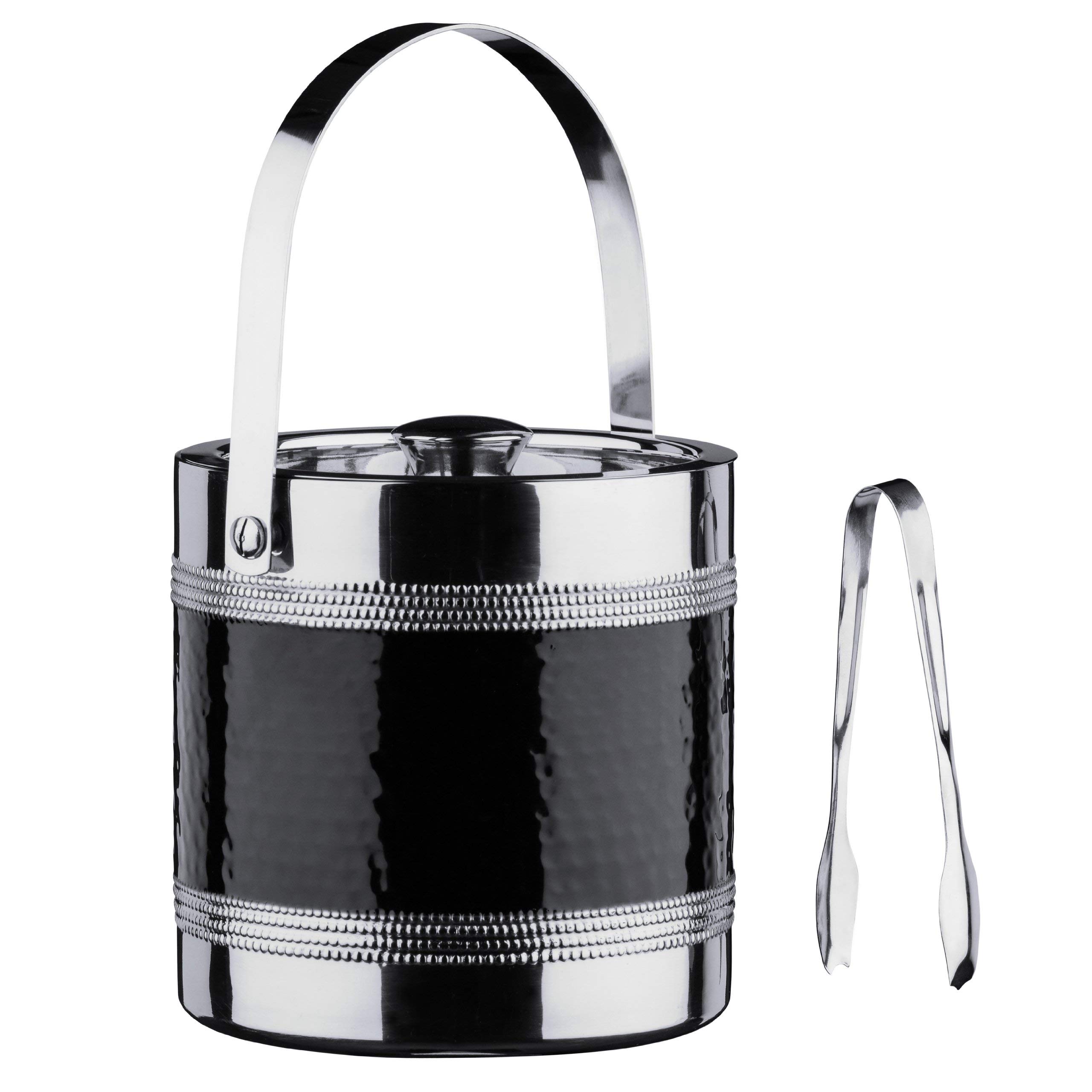 Premier Housewares 507785 Ice Bucket and Tongs with Hammered Black Band Stainless Steel , H16 x W16 x D16cm