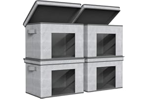 Univivi Storage Bins with Lid|Clear Window|Handles 4 PC Fabric Stackable Storage Baskets High Load Capacity Collapsible Large