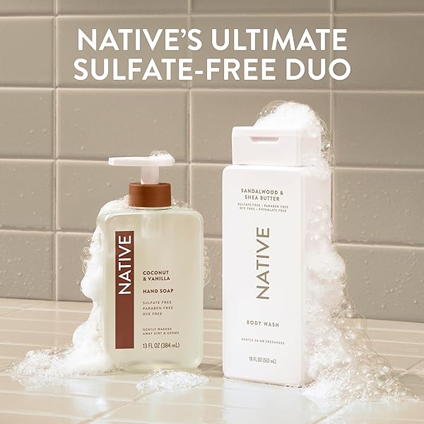 NATIVE BODY WASH CONTAINS NATURALLY DERIVED INGREDIENTS | FOR WOMEN & MEN, SULFATE, PARABEN, & DYE FREE LEAVING SKIN SOFT AND HYDRATED | SANDALWOOD & SHEA BUTTER 18 OZ