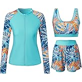 Cagola Rash Guard for Women 3 Piece Swimsuits Long Sleeve Bathing Suit with Boyshorts and Bra Ladies Swim Over 50 UPF 50+