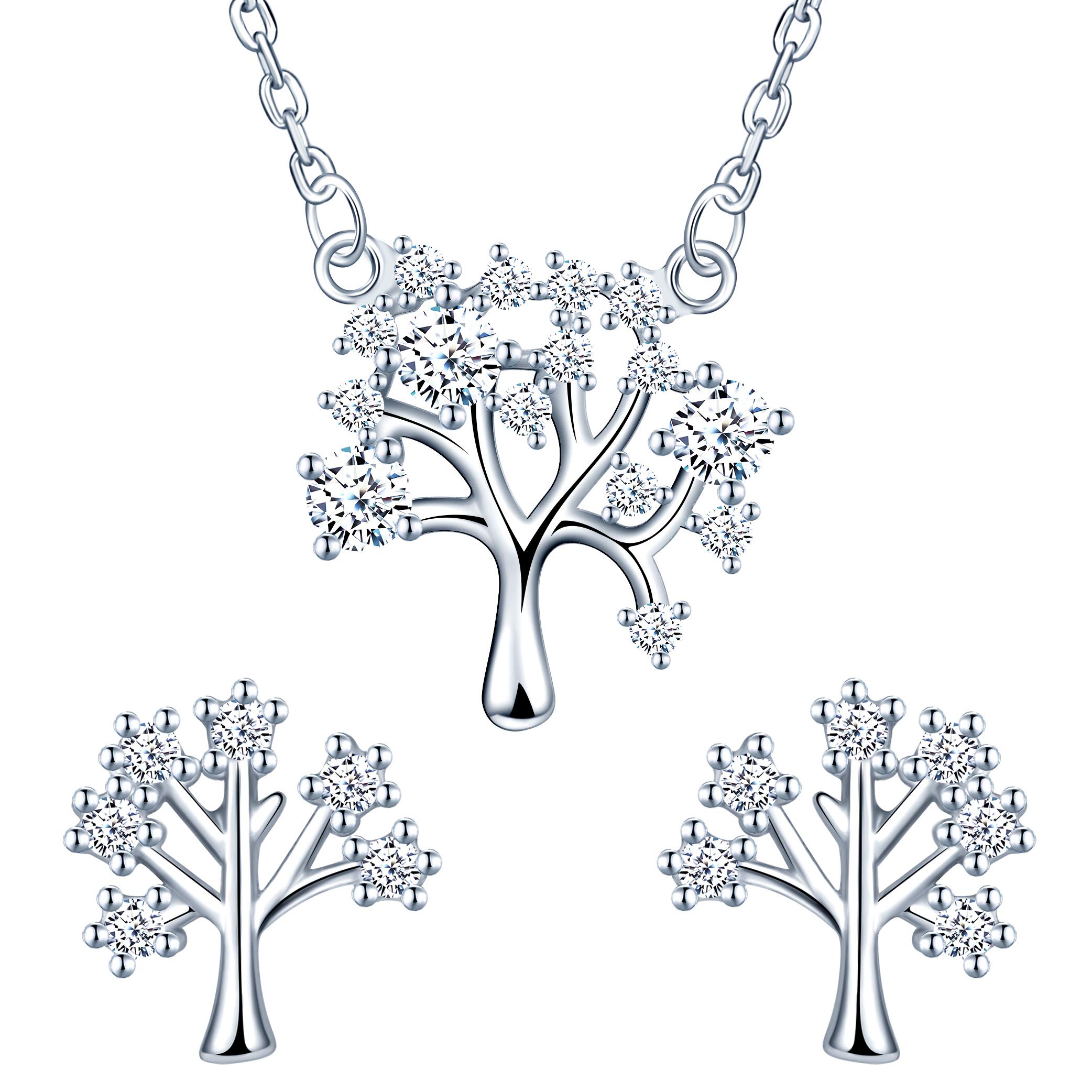 Yumilok Tree of Life Jewelry Set, 925 Sterling Silver Necklace Earrings for Mother Gift