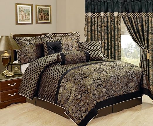 Amazon Com 7 Piece Jacquard Comforter Set Black Gold All Sizes