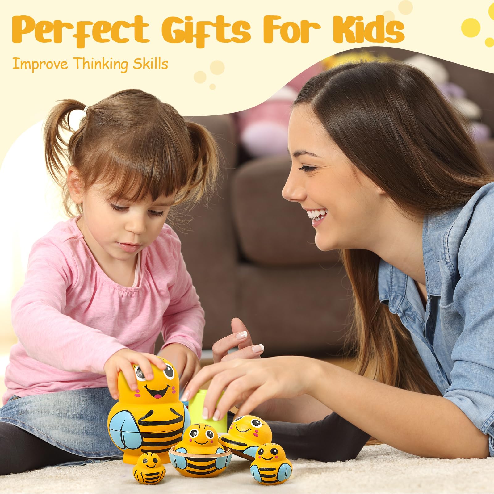 Seenelling 10 Pcs Wooden Handmade Russian Nesting Dolls Toys Animal Russian Cute Nesting Dolls for Christmas Home Decor Birthday Gift(Yellow Bee)