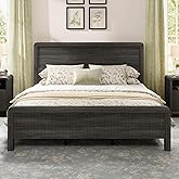 AMERLIFE Wood King Size Bed Frame with Fluted Headboard &amp; Footboard, Black | Mid-Century Modern Style, Fluted Wood-Grain Panels, Rounded Corners, 18.9" High Footboard, 1000 lbs Support,Easy Assembly