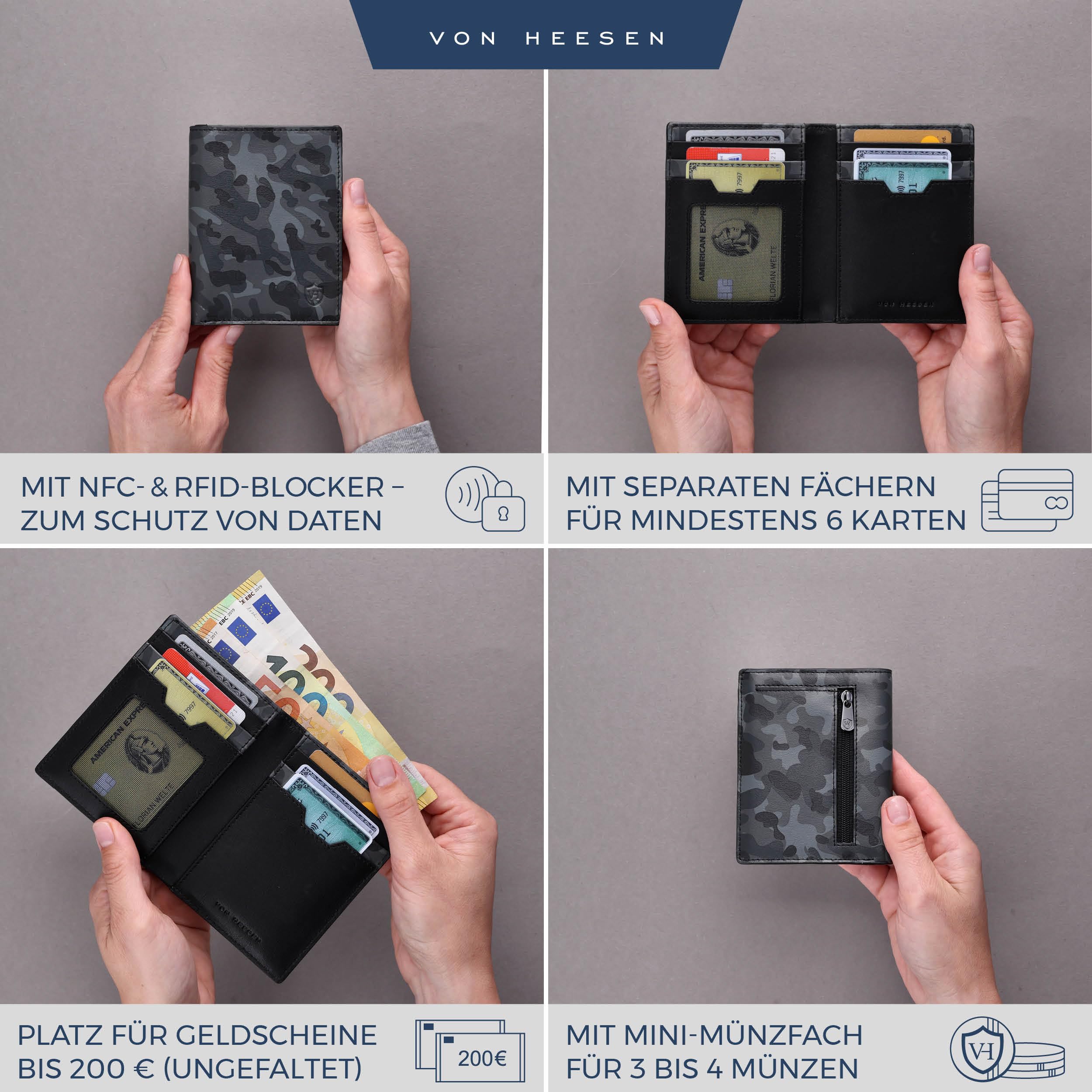 VON HEESEN® Leder Geldbörse Herren mit Münzfach & RFID Schutz I Echtleder Geldbeutel für Männer & Damen I Portemonnaie Brieftasche Wallet Portmonee (Camouflage Grau) 2
