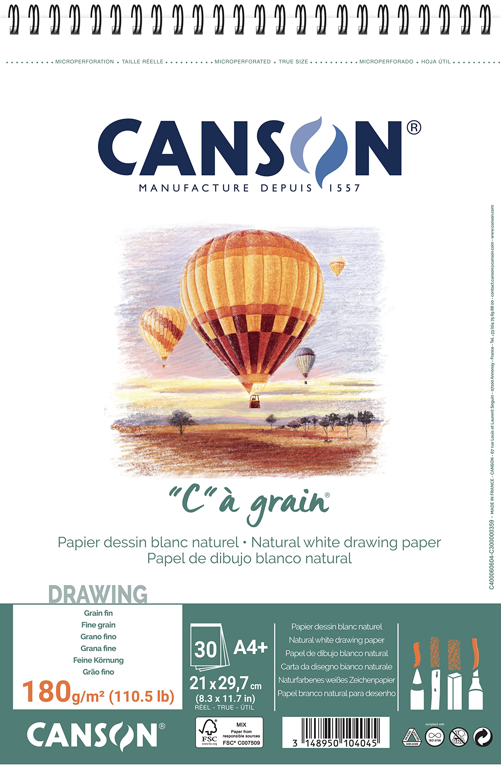 Canson "C à grain spiral notebook, DIN A4+, 30 sheets, 180 g/m², slightly grained
