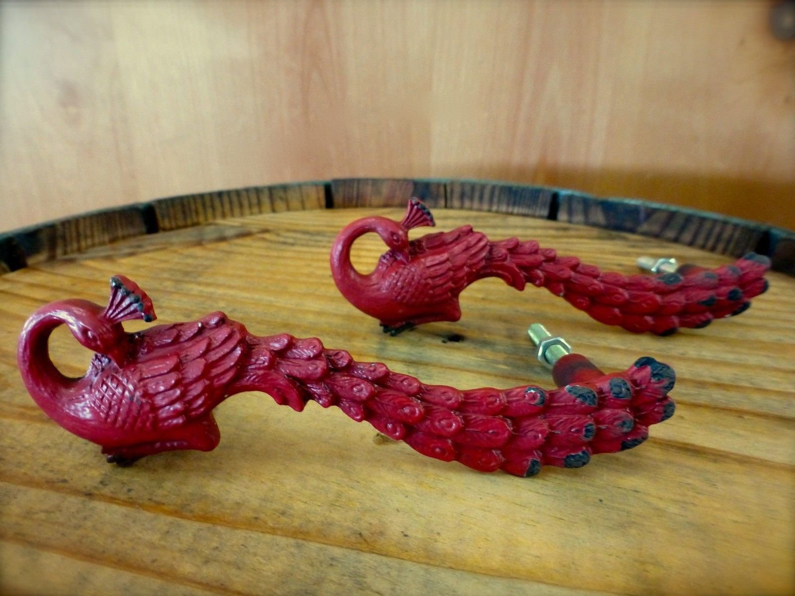 Galleon 2 Red Peacock Bird Drawer Cabinet Pulls Handles Knobs