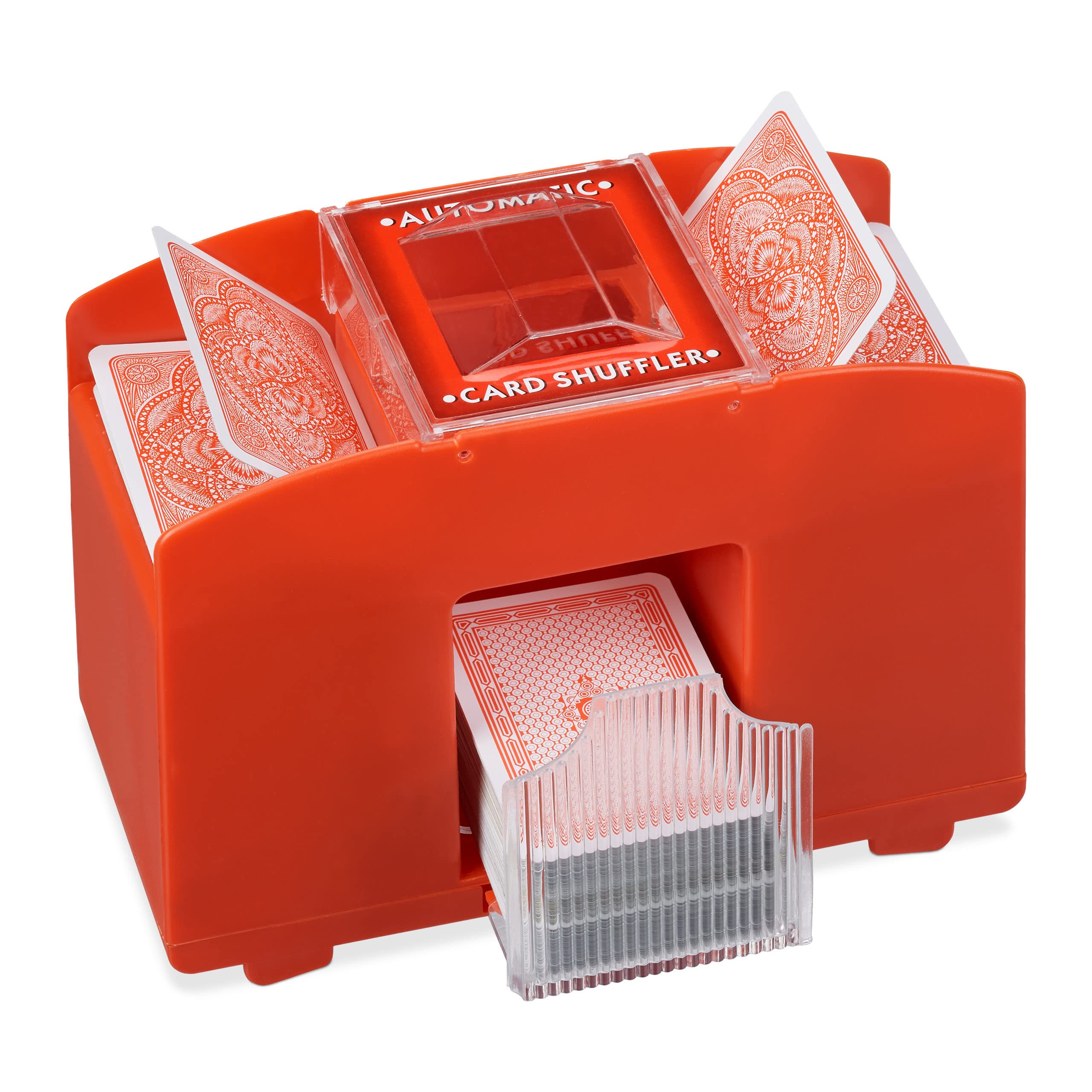 Relaxdays Electric, 4 Decks, Automatic Shuffler, Playing Cards up to 91 mm, Plastic, Red, 15 x 20,5 x 10.5 cm