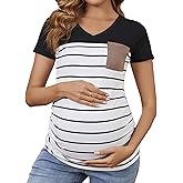 Ecavus Women's Casual Maternity T-Shirts Short Sleeve V Neck Colorblock Maternity Tops with Pocket