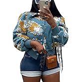 Aimiray Women's Cropped Fleece Jacket Long Sleeve Warm Bomber Sherpa Jacket Floral Printed Varsity Coats