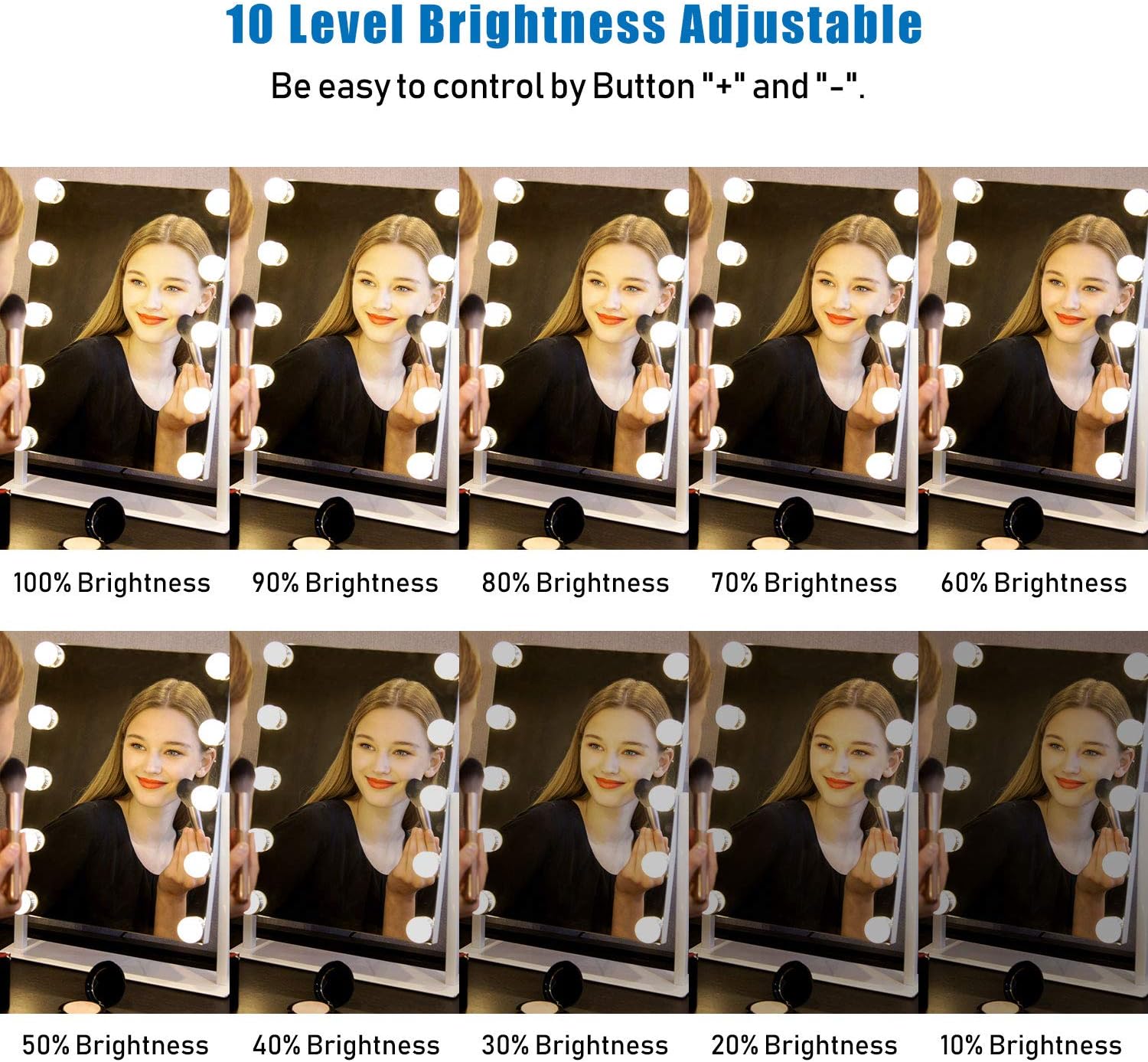 Mirror Lights, Hollywood Style LED Vanity Mirror Lights Kit with 10 Dimmable Bulbs, USB Cable Vanity Lights for Mirror with 3 Color Modes & 10 Adjustable Brightness (Mirror & USB Charger Not Include): Home Improvement