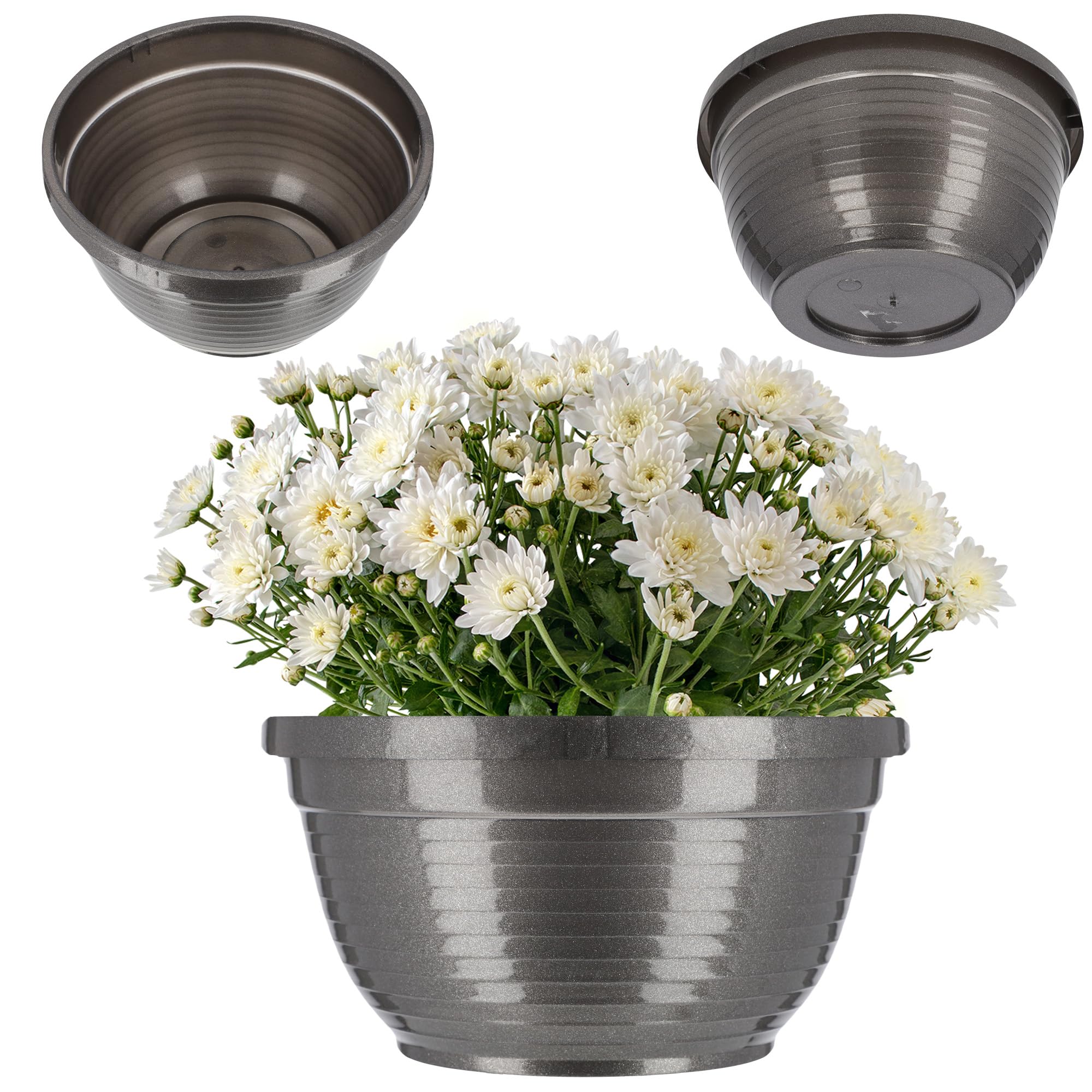 KADAX Flower Bowl, Weatherproof Plastic Plant Pot, Outdoor Planter in Several Colours, Round Plant Bowl for Cemetery, Wide Flower Pot in Various Sizes (⌀18cm, Graphite)