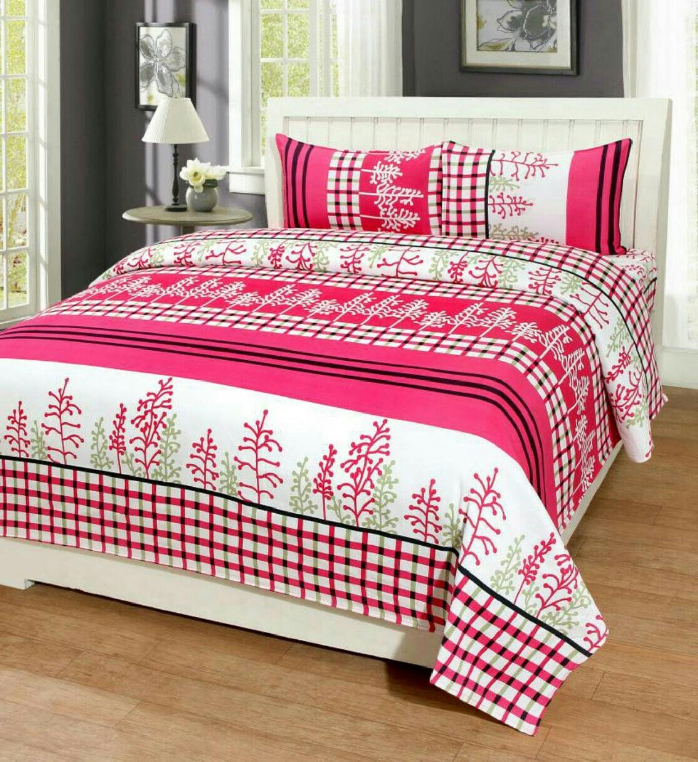 Gharshingar 144 TC Pink Color Pollycotton Double Bedsheet with 2 Pillow Covers
