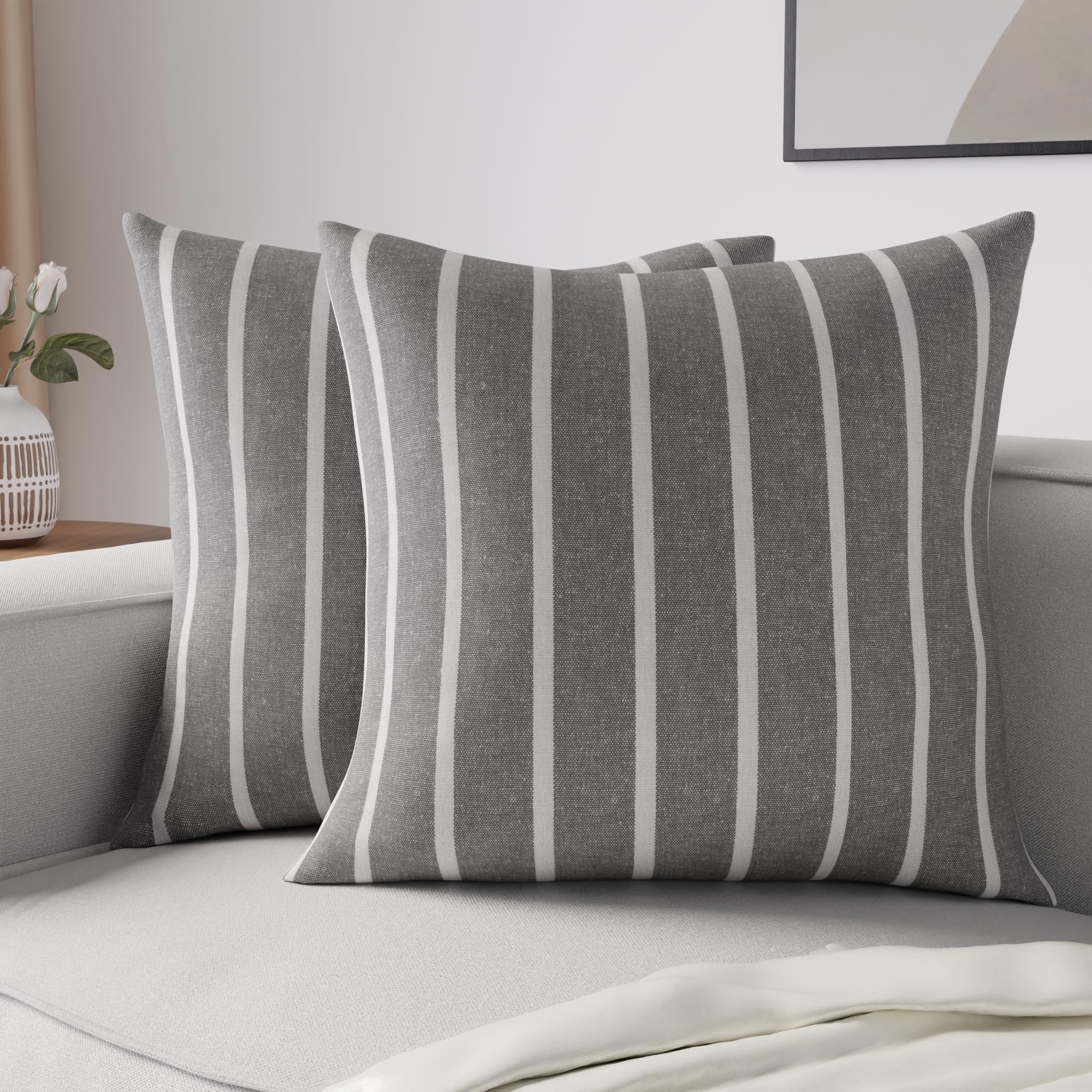 Encasa XO Cushion Covers 2 pcs set (50x50 cm) - Roma Grey Stripes - Decorative Large Square Colourful Washable Eco - Cotton, Throw Pillow Cases for Living Room, Sofa, Bedroom, Home & Hotel