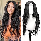SHINLEA Black Wig for Women, 26 Inch Long Wavy Lace Hairline Middle Part Natural Looking Synthetic Heat Resistant Fiber Wigs for Daily, Party, Halloween and Cosplay, Black