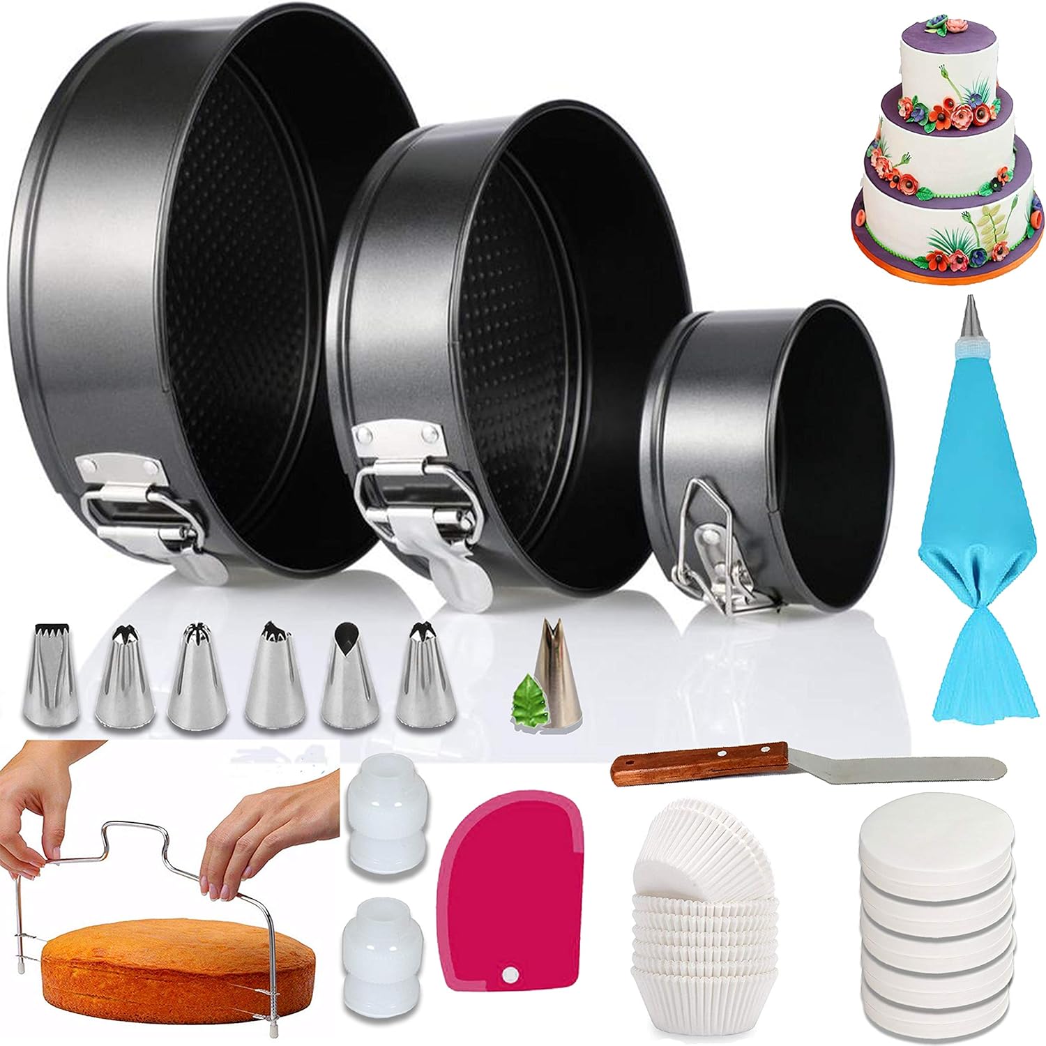 100 PCs Cake Pan Set for beginner - Springform Pan Set of 3 Round Baking Pans (4"/7"/8") Inch- Non-stick & Leakproof Bakeware Mold - Cheesecake Pan with Removable Bottom- Free Cake supplies & Ebook: Kitchen & Dining