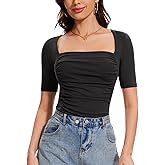 Amoretu Women's 2025 Ruched 1/2 Sleeve T-Shirts Square Neck Fitted Going Out Tops