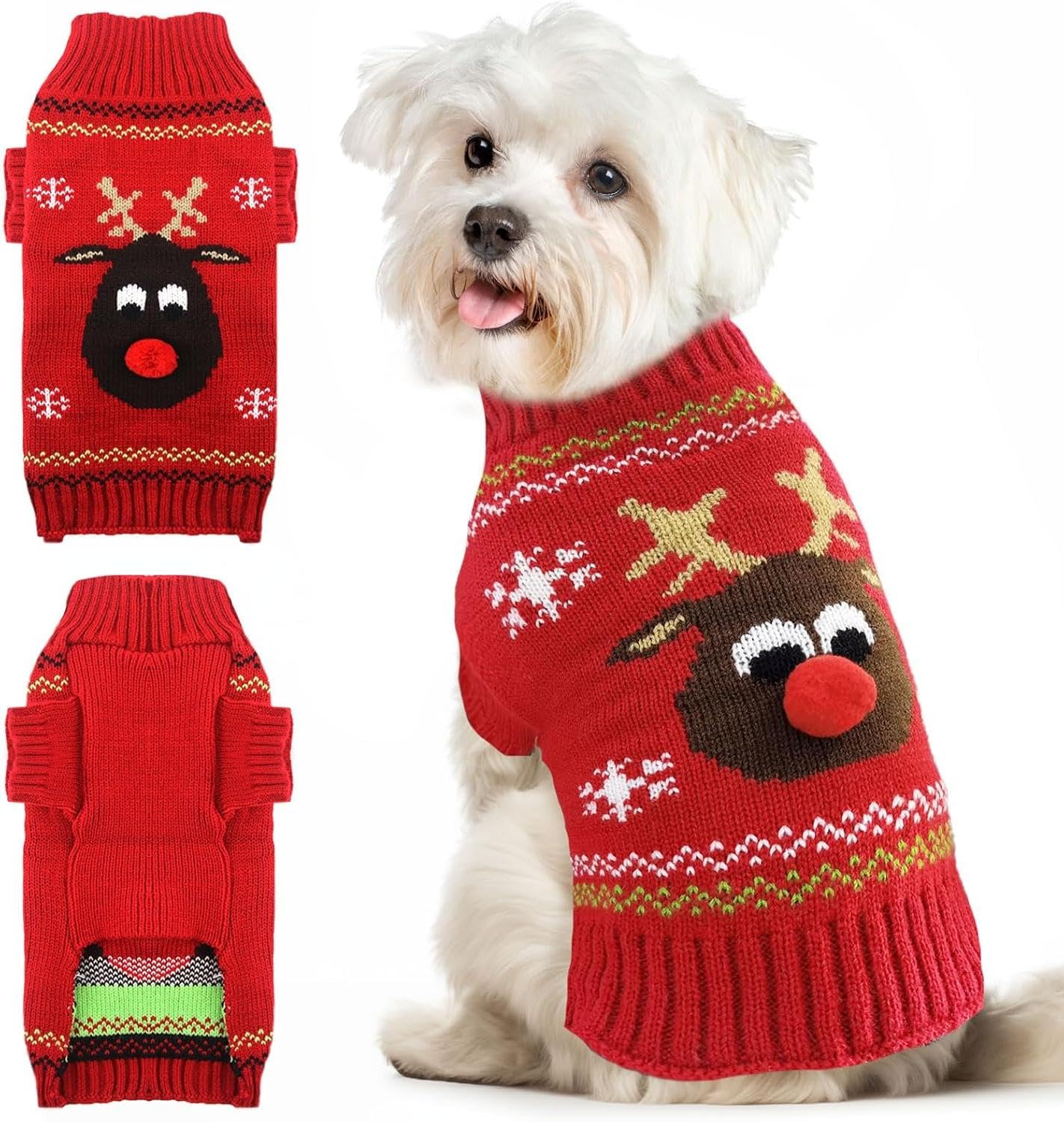 Dog Christmas Jumper Pet Dog Christmas Sweater Knitted Dogs Santa Jumper Christma Dogs Jumpers Puppy Christma Jumpers for Small Medium Large Funny Puppy Xmas Sweater(Reindeer,XL)