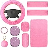 Frienda 10 Pcs Fluffy Car Steering Wheel Covers Handbrake and Gear Shift Cover Seat Belt Shoulder Pads Diamond Mat Ignition Ring Ball Key Chain Armrest Box Mat Car Accessories Set(Pink)