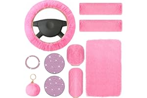 Frienda 10 Pcs Fluffy Car Steering Wheel Covers Handbrake and Gear Shift Cover Seat Belt Shoulder Pads Diamond Mat Ignition Ring Ball Key Chain Armrest Box Mat Car Accessories Set(Pink)