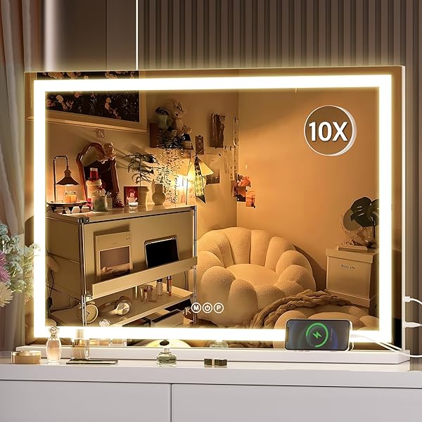 HASIPU VANITY MIRROR WITH LIGHTS, 28″ X 20″ LED MAKEUP MIRROR, LIGHTED MAKEUP MIRROR WITH DIMMABLE 3 MODES, TOUCH SCREEN CONTROL VANITY MIRROR SQUARE WHITE