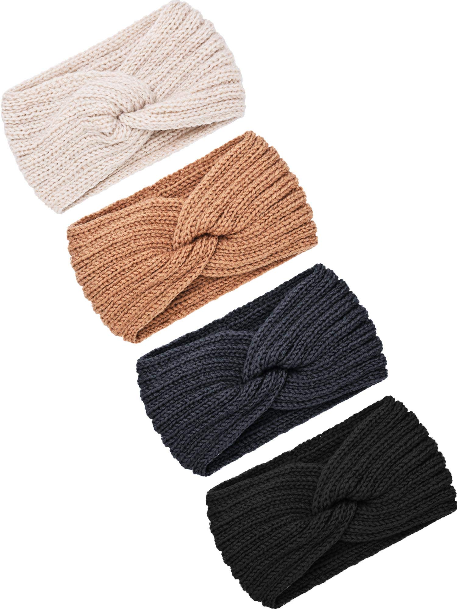 Photo 1 of TecUnite 4 Pieces Chunky Knit Headbands Braided Winter Headbands Ear Warmers Crochet Head Wraps for Women(Black, Dark Grey, Camel, Beige)
