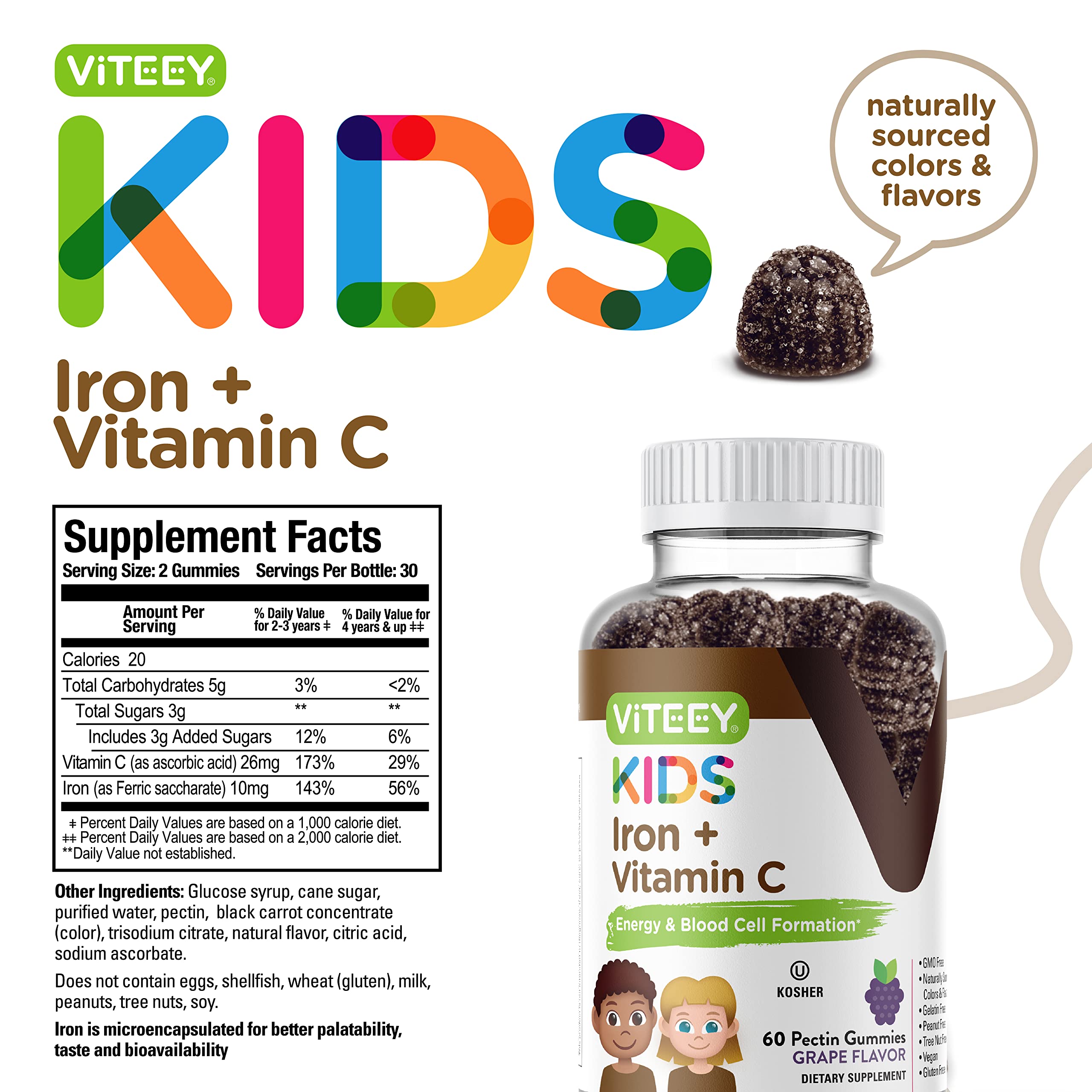 Viteey Iron Gummies for Kids with Vitamin C - Supports Energy, Blood Cell Formulation, Blood Builder Anemia Kids Iron Supplements - Vegan, Gelatin Free, Gluten Free - Tasty Chewable Grape Flavored