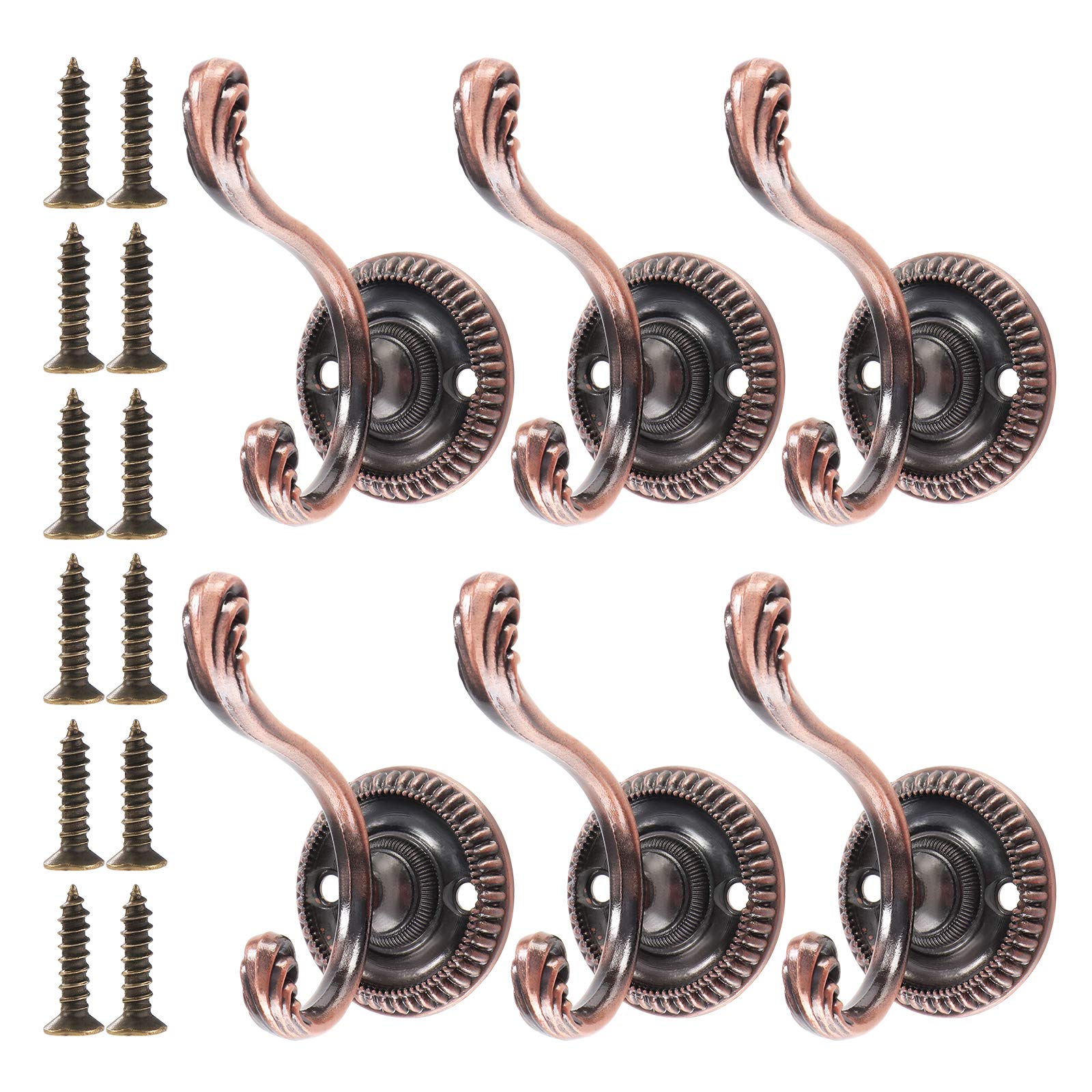 TsunNee 6PCS Vintage Dual Coat Hooks, Heavy Duty Wall Hooks, Clothes Hat Hooks, Master Bedroom Hooks, Decorative Door Hooks with Screws for Bathroom Kitchen Office, Red Bronze