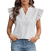 SOFIA'S CHOICE Women's Pleated V Neck Puff Short Sleeve Blouse Business Casual Work Tops