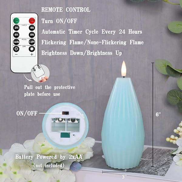 IMMEISCENT BLUE RIBBED FLAMELESS CANDLES WITH REMOTE FLICKERING REALISTIC BATTERY POWERED LED REAL WAX DECORATIVE CANDLE GEOMETRIC AESTHETIC RIBBED MODERN OCEAN DECOR FOR HOME TABLE FIREPLACE, 3PACK