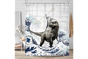 Ufeela Funny Cat Shower Curtain, Kids Cat Riding Dinosaur Shower Curtain, Cool Japanese Ocean Wave Decor Bathroom Decor Children Rustic Wooden Farmhouse Animal Dino Bathroom Accessories 60Wx72L
