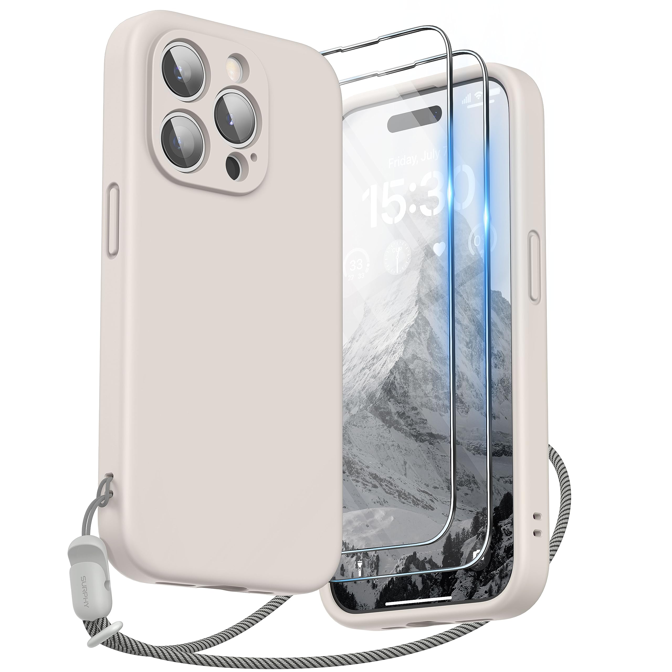 Photo 1 of SURPHY Designed for iPhone 15 Pro Case with Screen Protector and Lanyard, Phone Strap and Liquid Silicone Phone Case (Camera Protective & Soft Microfiber Lining) 6.1 inch 2023, Stone