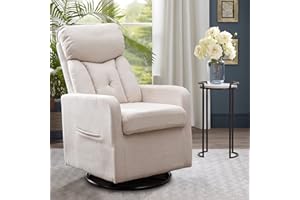 Deolme 360 Swivel Accent Glider Rocking Chair, Comfy Tufted Upholstered Glider Rocker for Nursery, Modern Armchair with Tall Back and Side Pocket for Living Room, Bedroom (Beige Cotton Linen)
