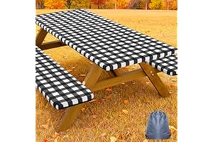Smiry Picnic Table Cover with Bench Covers, Waterproof Elastic Fitted Tablecloths for 6 Foot Rectangle Tables, Washable Buffalo Plaid Tablecloth for Camping, Outdoor (Black & White, 30"x72")