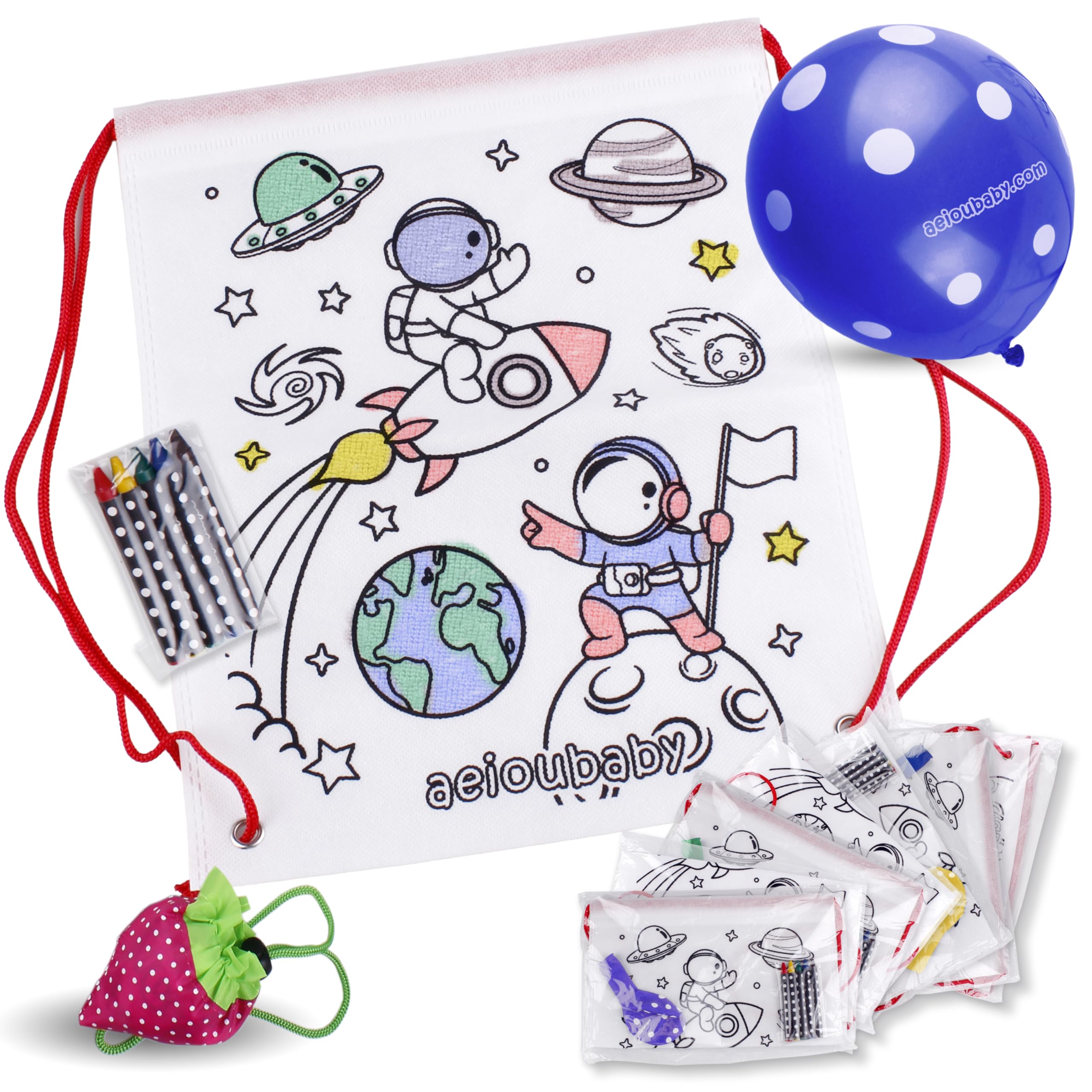 aeioubaby.com 25 Backpacks Color Your Own + Reusable Bag | 25 Individual Bags, 5 Coloured Crayons and Balloon | Children's Gift for Parties and Birthdays (Space) — image 1