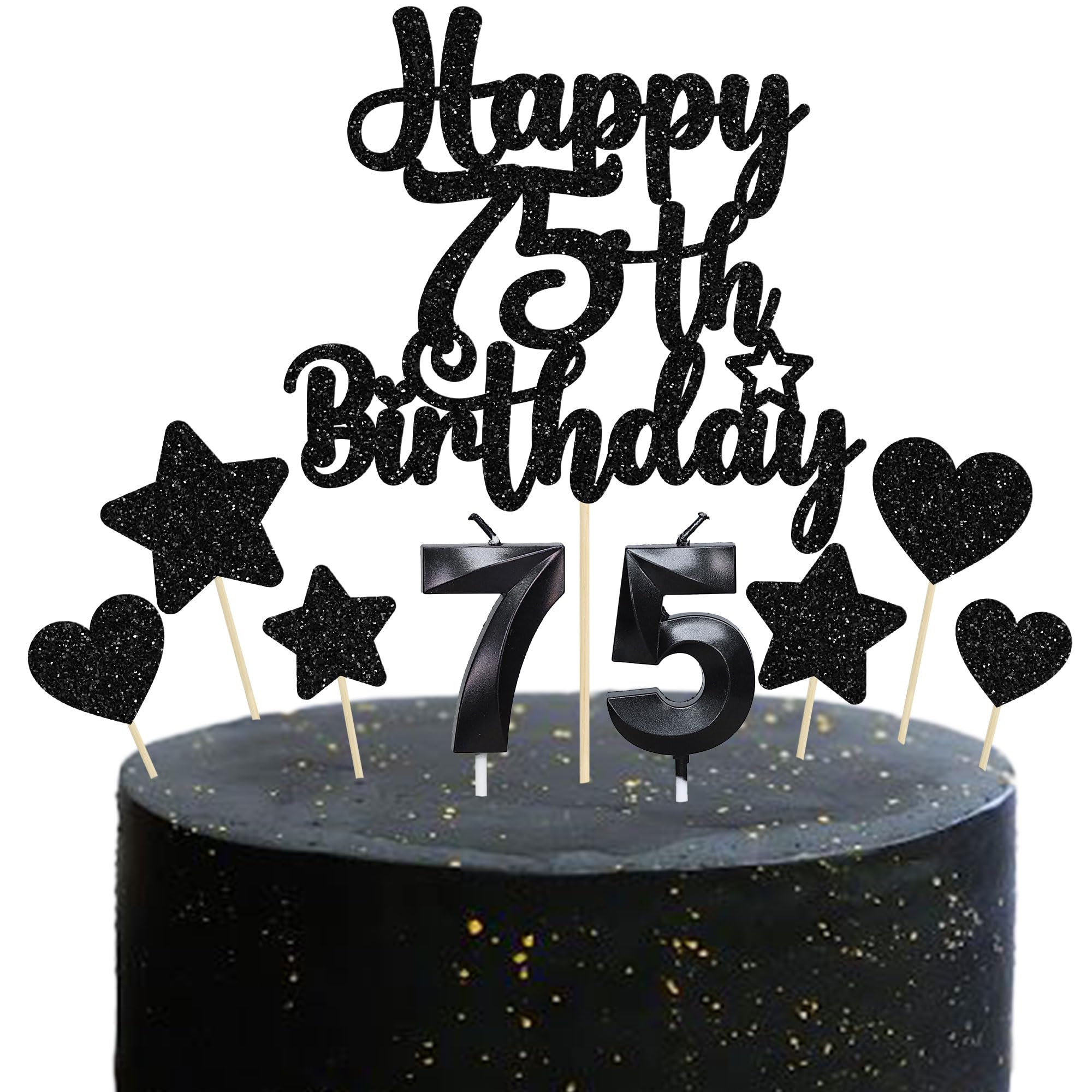 Gyufise 15Pcs Happy 75th Birthday Cake Topper Set with Heart Star Glitter Cheers to 75 Years Cake Picks Number 75 Candles Cake Decorations for Happy 75th Birthday Anniversary Party Supplies Black