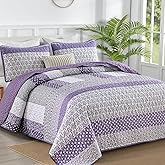 WONGS BEDDING Purple Quilt Queen Size, Bohemian Stripe Quilt Sets 3 Pieces Boho Quilted Bedspread Set Lightweight Microfiber Coverlet Bedding Set All Season (96"x90")