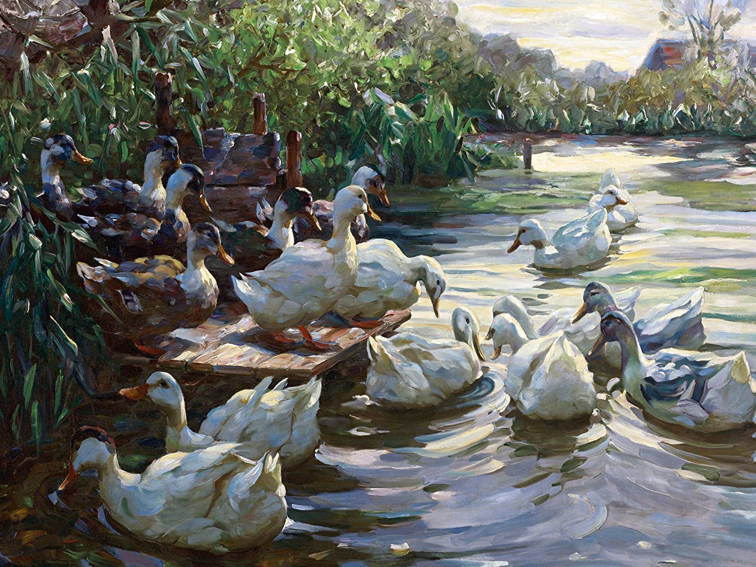 DUCKS ON DOCK A. Koester lake birds Tile Mural Kitchen Backsplash Ceramic 10x8
