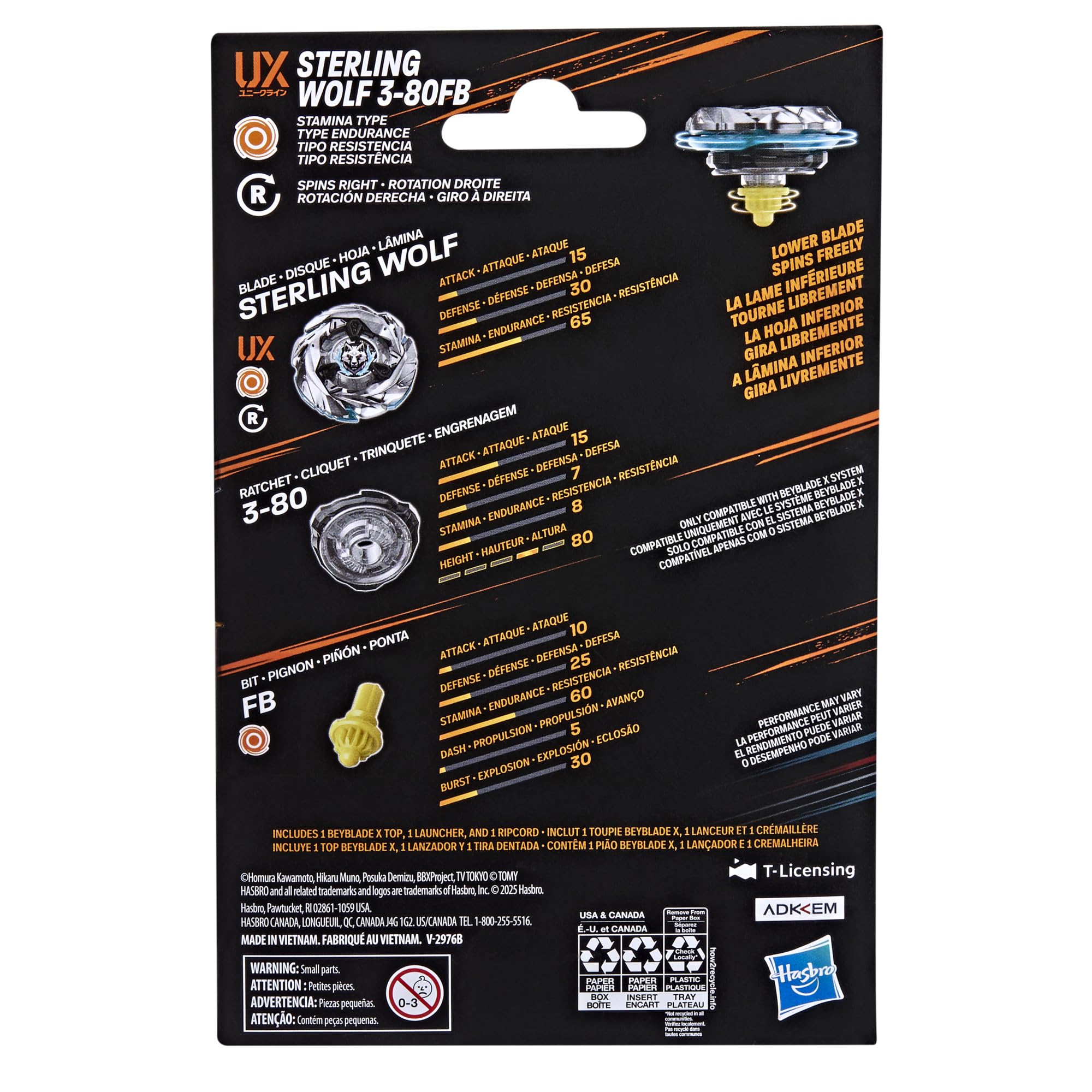 Beyblade X Sterling Wolf 3-80FB UX Starter Pack Set with Stamina Type Top and Launcher, Authentic Takara Tomy Battle Tops Games, Toys for Boys and Girls 8+