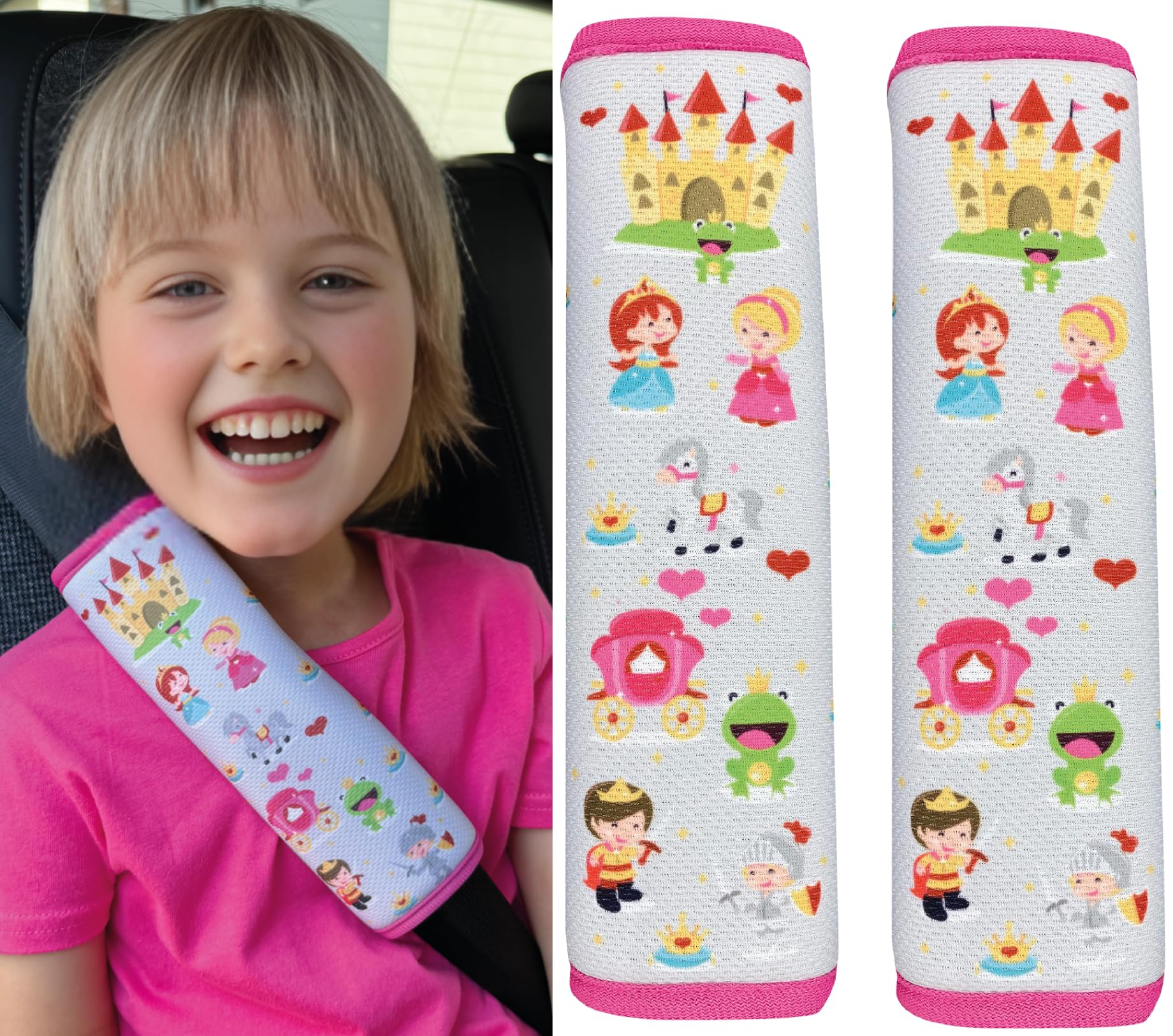 HECKBO 2X Kids Car Seat Belt Pads Seat Belt Protectors - Princess - Seat Belt Pads for Kids and Babies- Ideal for Any Seat Belt Car Booster Seat Kids Bicycle