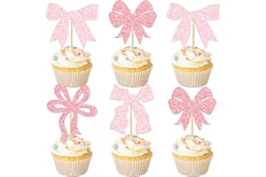 Ephlyn 24Pcs Pink Bow Cupcake Toppers Bow Birthday Cake Topper Girls Birthday Party Decorations Bowknot Cupcake Decorations for Bridal Wedding Themed Party Multi