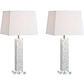 JONATHAN Y 28.5" White Mother-of-Pearl Seashell LED Table Lamp Set of 2, Coastal Contemporary Mosaic Pillar for Living Room, 