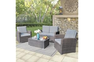 JOIVI Patio Furniture Set, 4 Piece Outdoor Patio Conversation Set, All-Weather PE Rattan Wicker Sectional Patio Sofa Set with Tempered Glass Coffee Table, Light Gray